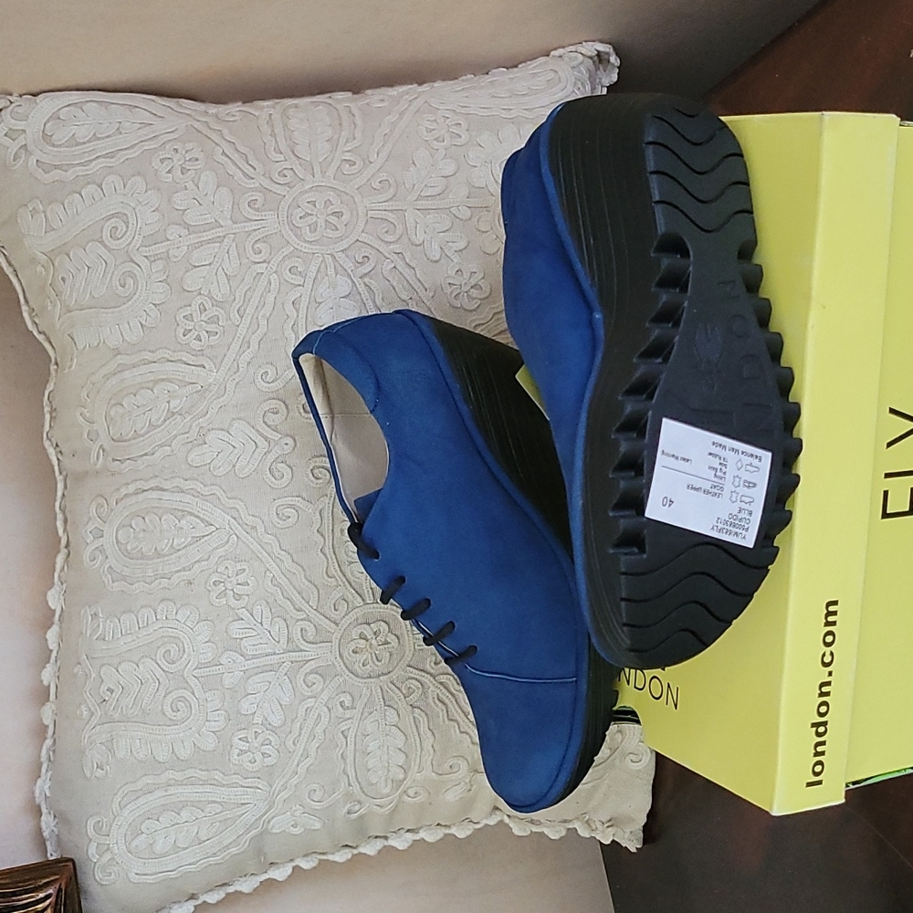 FLY London women shoes, blue leather , wedges, lace up , size 40 or 9 to 9.5 - Picture 4 of 5